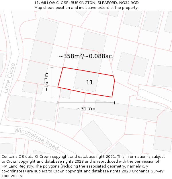 11, WILLOW CLOSE, RUSKINGTON, SLEAFORD, NG34 9GD: Plot and title map