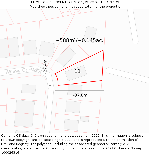 11, WILLOW CRESCENT, PRESTON, WEYMOUTH, DT3 6DX: Plot and title map