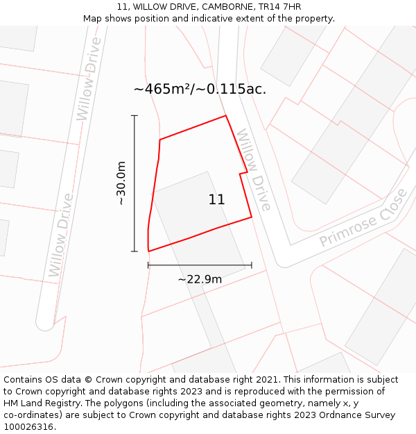 11, WILLOW DRIVE, CAMBORNE, TR14 7HR: Plot and title map