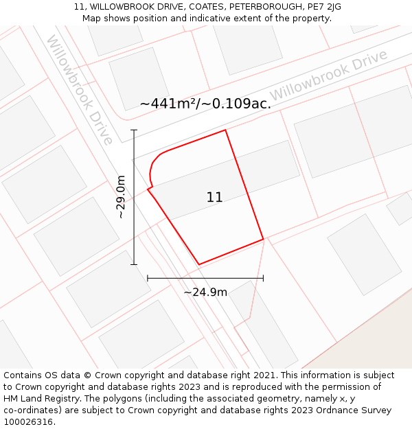 11, WILLOWBROOK DRIVE, COATES, PETERBOROUGH, PE7 2JG: Plot and title map