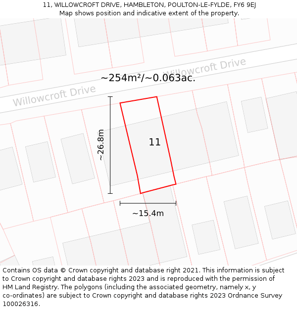 11, WILLOWCROFT DRIVE, HAMBLETON, POULTON-LE-FYLDE, FY6 9EJ: Plot and title map