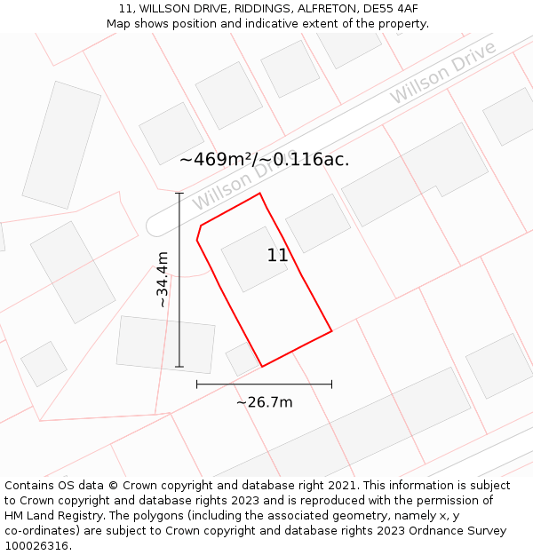 11, WILLSON DRIVE, RIDDINGS, ALFRETON, DE55 4AF: Plot and title map
