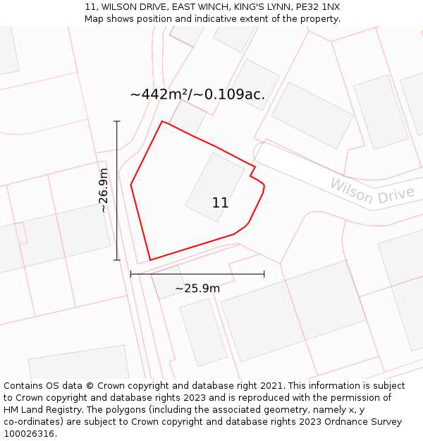 11, WILSON DRIVE, EAST WINCH, KING'S LYNN, PE32 1NX: Plot and title map