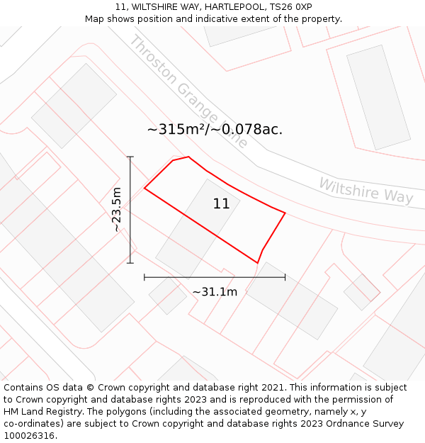 11, WILTSHIRE WAY, HARTLEPOOL, TS26 0XP: Plot and title map