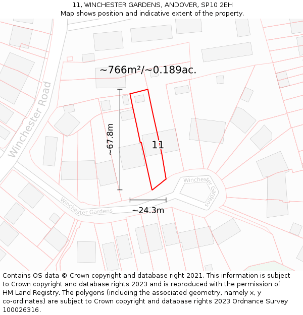11, WINCHESTER GARDENS, ANDOVER, SP10 2EH: Plot and title map