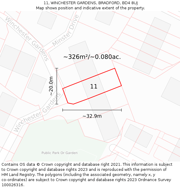 11, WINCHESTER GARDENS, BRADFORD, BD4 8UJ: Plot and title map