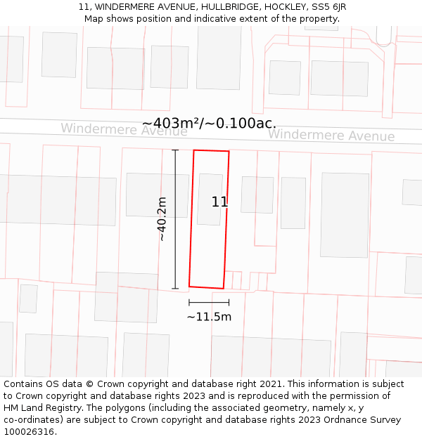 11, WINDERMERE AVENUE, HULLBRIDGE, HOCKLEY, SS5 6JR: Plot and title map