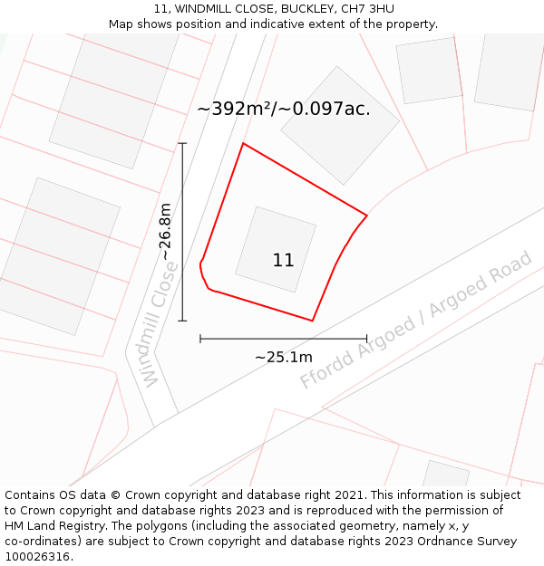 11, WINDMILL CLOSE, BUCKLEY, CH7 3HU: Plot and title map