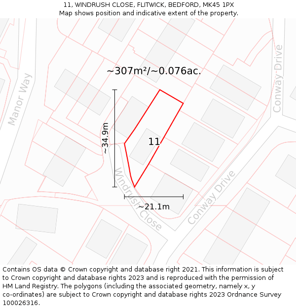 11, WINDRUSH CLOSE, FLITWICK, BEDFORD, MK45 1PX: Plot and title map