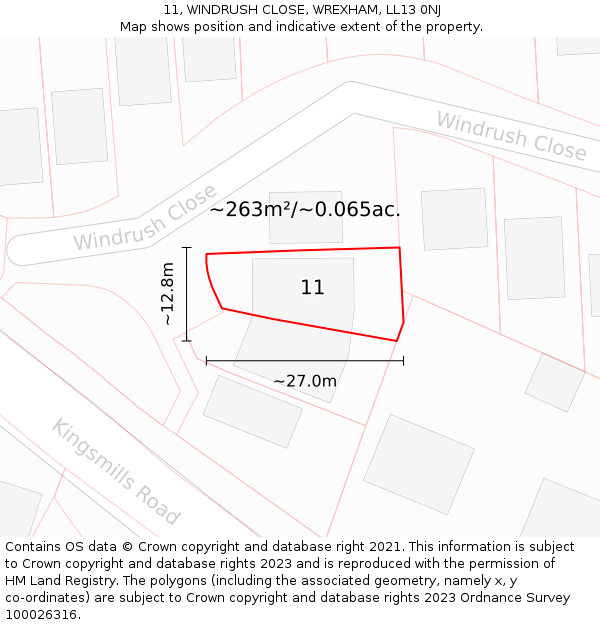 11, WINDRUSH CLOSE, WREXHAM, LL13 0NJ: Plot and title map