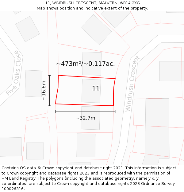 11, WINDRUSH CRESCENT, MALVERN, WR14 2XG: Plot and title map