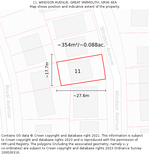 11, WINDSOR AVENUE, GREAT YARMOUTH, NR30 4EA: Plot and title map