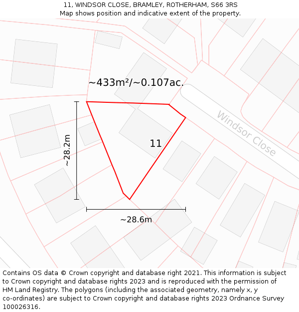 11, WINDSOR CLOSE, BRAMLEY, ROTHERHAM, S66 3RS: Plot and title map