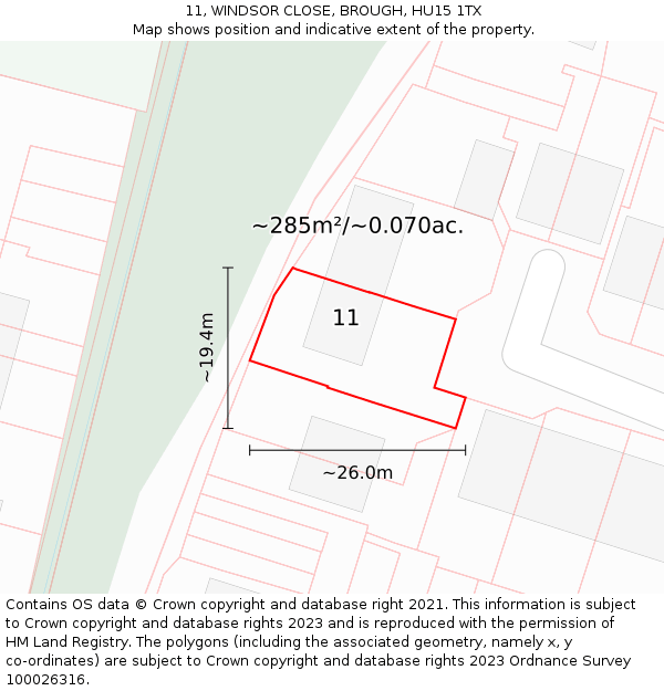 11, WINDSOR CLOSE, BROUGH, HU15 1TX: Plot and title map