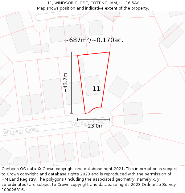 11, WINDSOR CLOSE, COTTINGHAM, HU16 5AY: Plot and title map