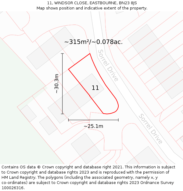 11, WINDSOR CLOSE, EASTBOURNE, BN23 8JS: Plot and title map