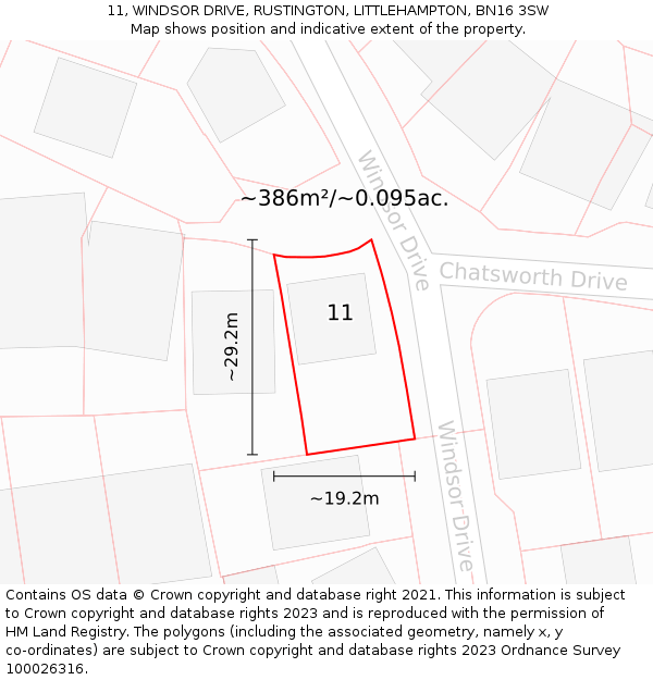 11, WINDSOR DRIVE, RUSTINGTON, LITTLEHAMPTON, BN16 3SW: Plot and title map
