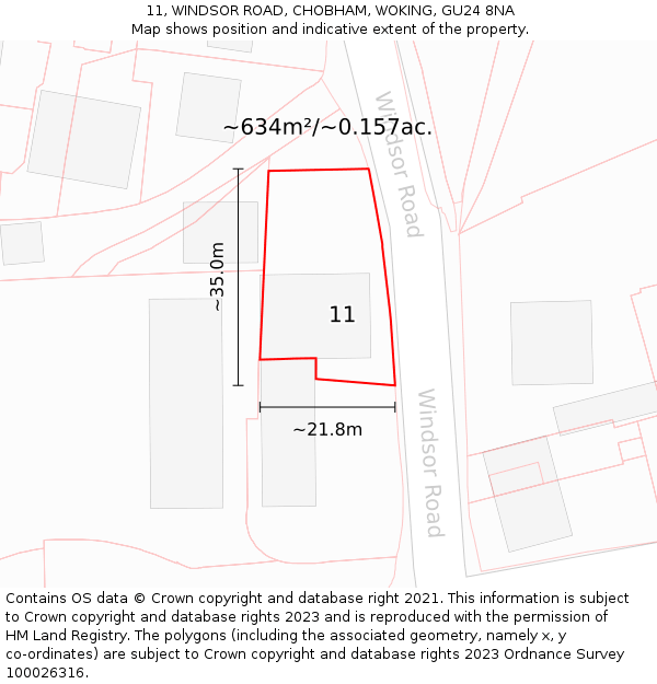 11, WINDSOR ROAD, CHOBHAM, WOKING, GU24 8NA: Plot and title map