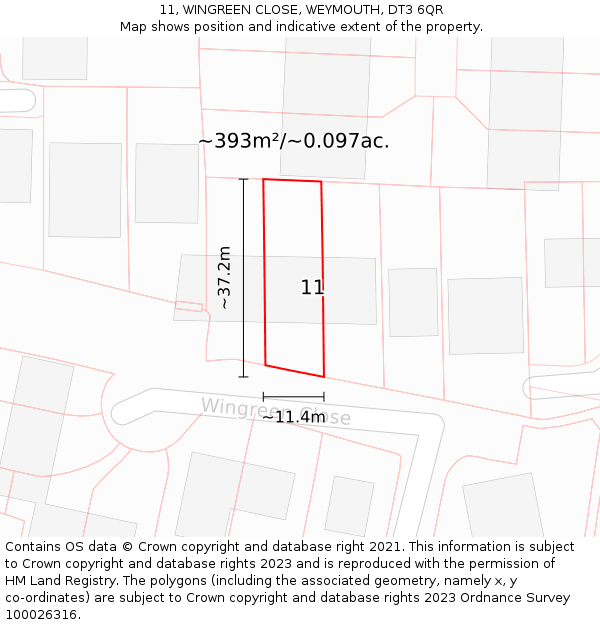 11, WINGREEN CLOSE, WEYMOUTH, DT3 6QR: Plot and title map