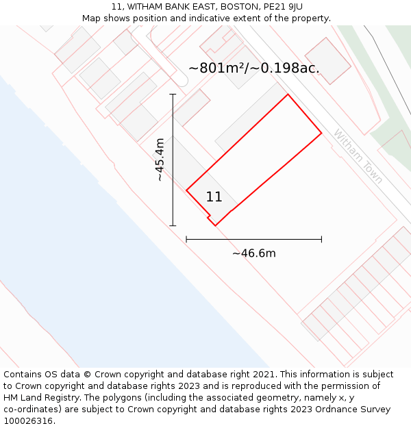 11, WITHAM BANK EAST, BOSTON, PE21 9JU: Plot and title map