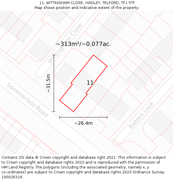 11, WITTINGHAM CLOSE, HADLEY, TELFORD, TF1 5TF: Plot and title map