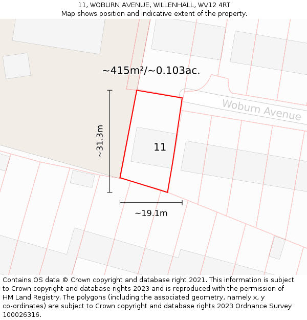 11, WOBURN AVENUE, WILLENHALL, WV12 4RT: Plot and title map