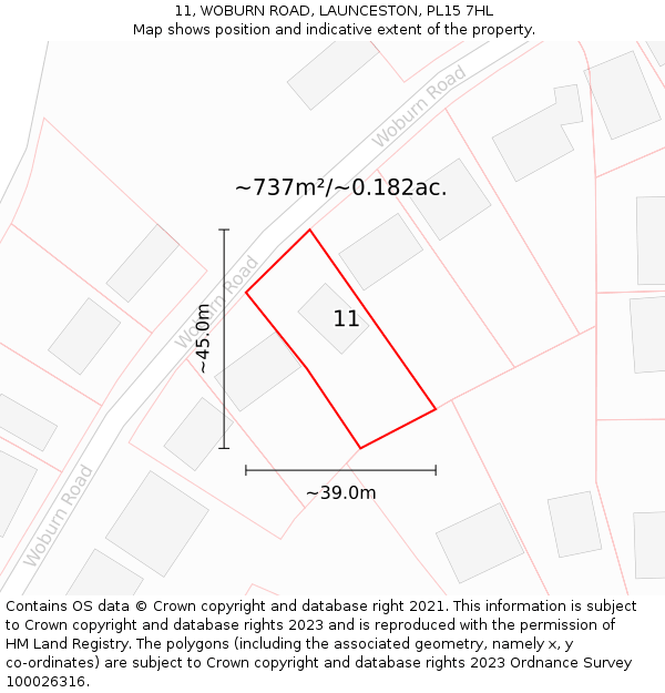 11, WOBURN ROAD, LAUNCESTON, PL15 7HL: Plot and title map