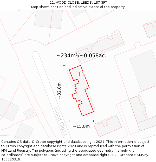 11, WOOD CLOSE, LEEDS, LS7 3RT: Plot and title map
