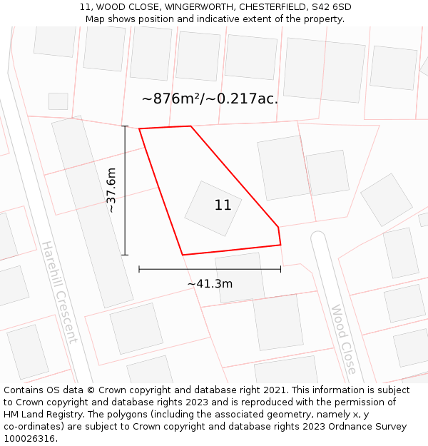 11, WOOD CLOSE, WINGERWORTH, CHESTERFIELD, S42 6SD: Plot and title map