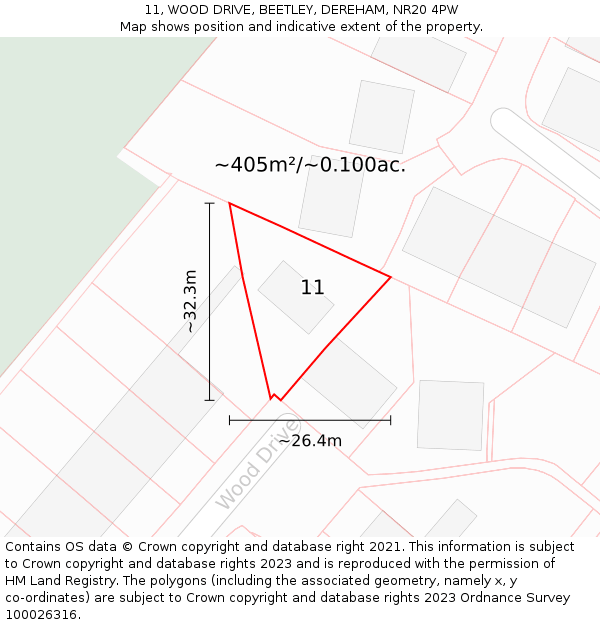 11, WOOD DRIVE, BEETLEY, DEREHAM, NR20 4PW: Plot and title map