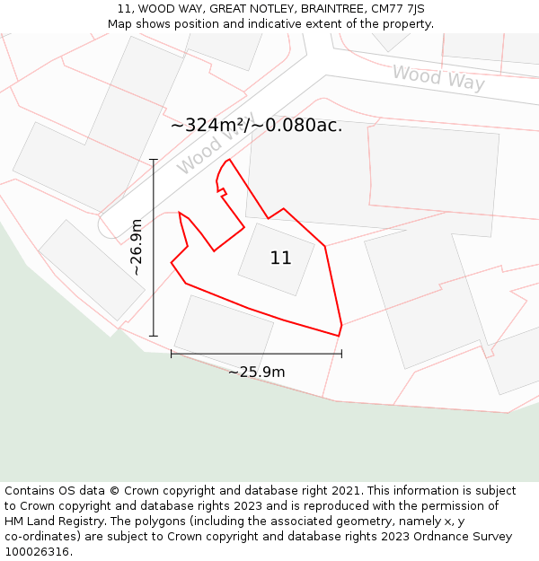 11, WOOD WAY, GREAT NOTLEY, BRAINTREE, CM77 7JS: Plot and title map