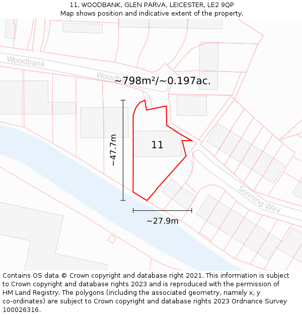 11, WOODBANK, GLEN PARVA, LEICESTER, LE2 9QP: Plot and title map
