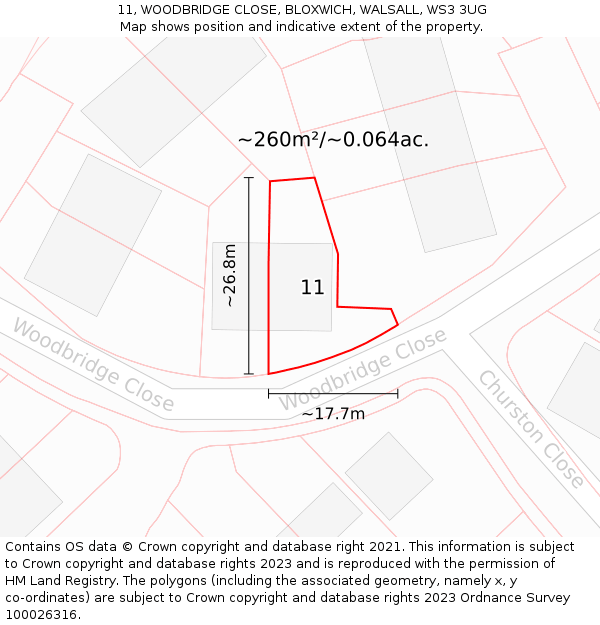 11, WOODBRIDGE CLOSE, BLOXWICH, WALSALL, WS3 3UG: Plot and title map
