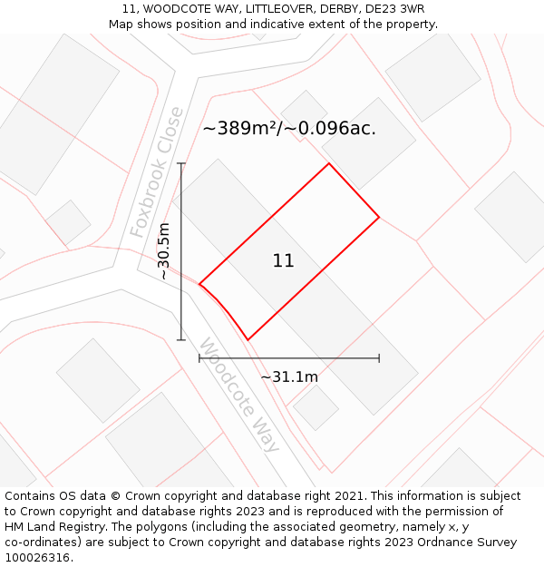 11, WOODCOTE WAY, LITTLEOVER, DERBY, DE23 3WR: Plot and title map