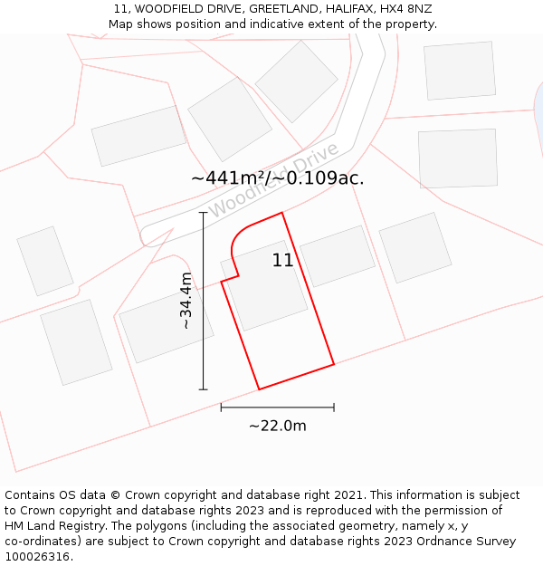 11, WOODFIELD DRIVE, GREETLAND, HALIFAX, HX4 8NZ: Plot and title map
