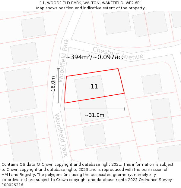 11, WOODFIELD PARK, WALTON, WAKEFIELD, WF2 6PL: Plot and title map