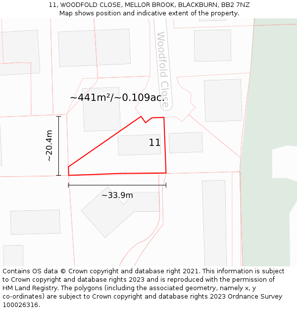 11, WOODFOLD CLOSE, MELLOR BROOK, BLACKBURN, BB2 7NZ: Plot and title map