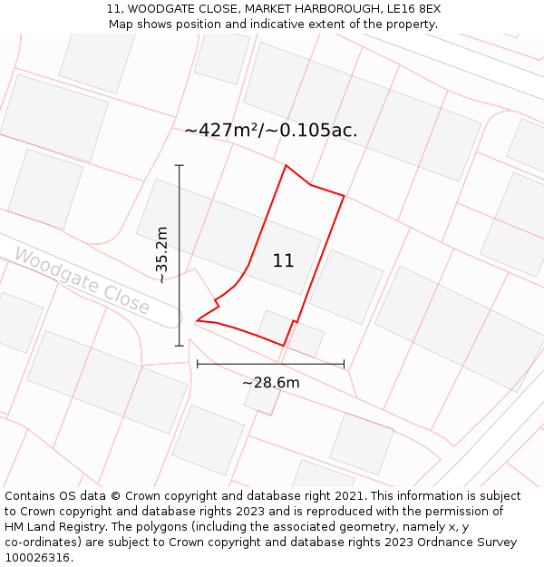 11, WOODGATE CLOSE, MARKET HARBOROUGH, LE16 8EX: Plot and title map