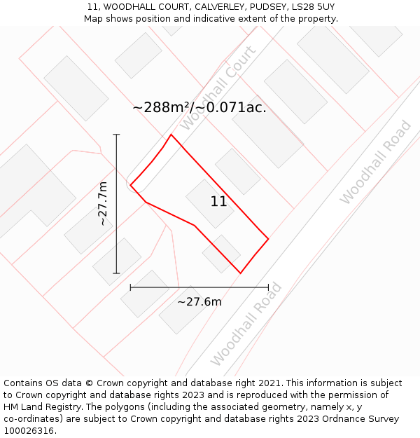 11, WOODHALL COURT, CALVERLEY, PUDSEY, LS28 5UY: Plot and title map