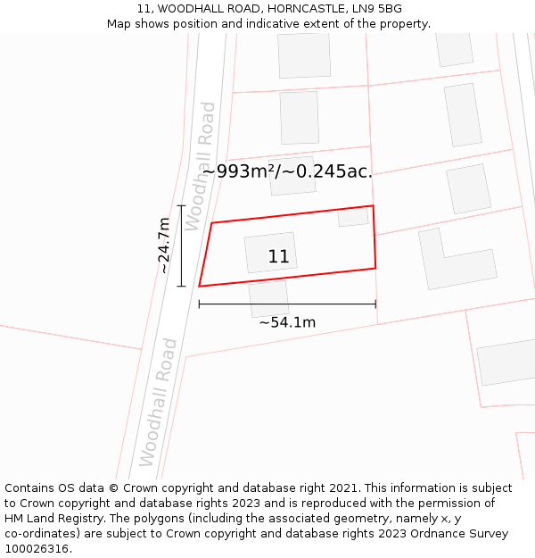 11, WOODHALL ROAD, HORNCASTLE, LN9 5BG: Plot and title map