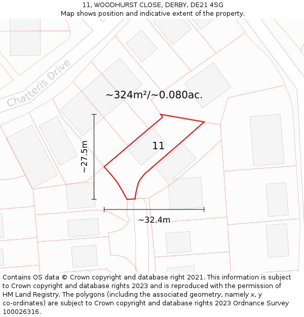 11, WOODHURST CLOSE, DERBY, DE21 4SG: Plot and title map