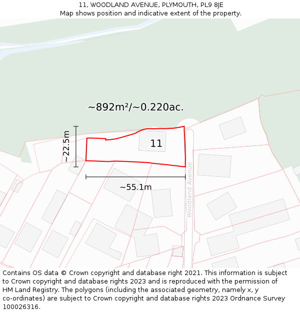 11, WOODLAND AVENUE, PLYMOUTH, PL9 8JE: Plot and title map
