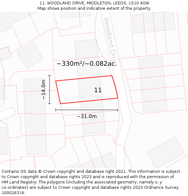 11, WOODLAND DRIVE, MIDDLETON, LEEDS, LS10 4GW: Plot and title map