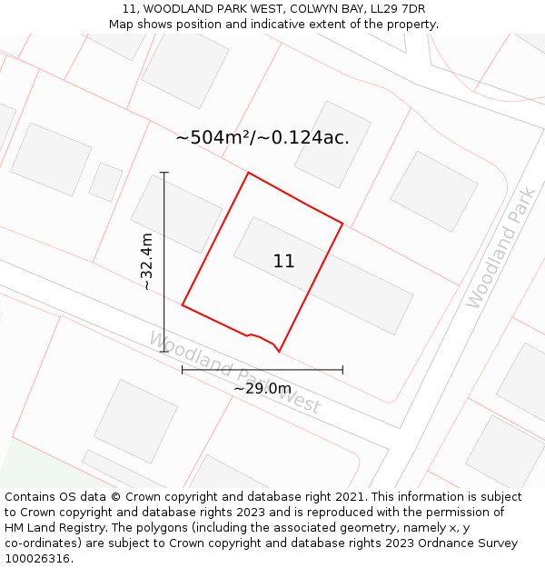 11, WOODLAND PARK WEST, COLWYN BAY, LL29 7DR: Plot and title map