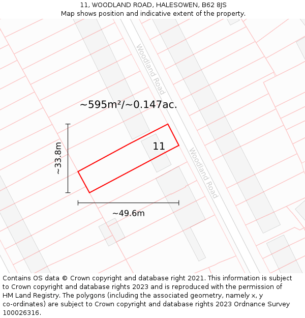 11, WOODLAND ROAD, HALESOWEN, B62 8JS: Plot and title map