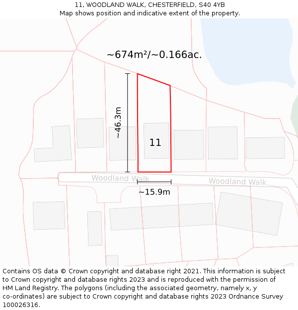 11, WOODLAND WALK, CHESTERFIELD, S40 4YB: Plot and title map