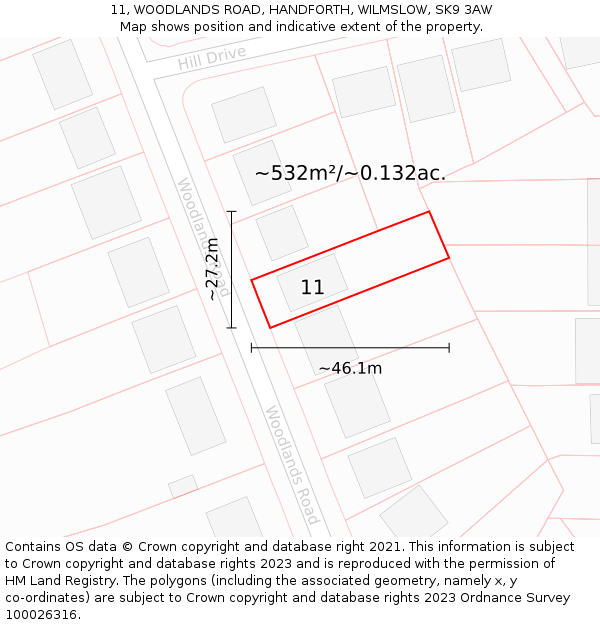 11, WOODLANDS ROAD, HANDFORTH, WILMSLOW, SK9 3AW: Plot and title map