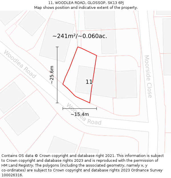 11, WOODLEA ROAD, GLOSSOP, SK13 6PJ: Plot and title map