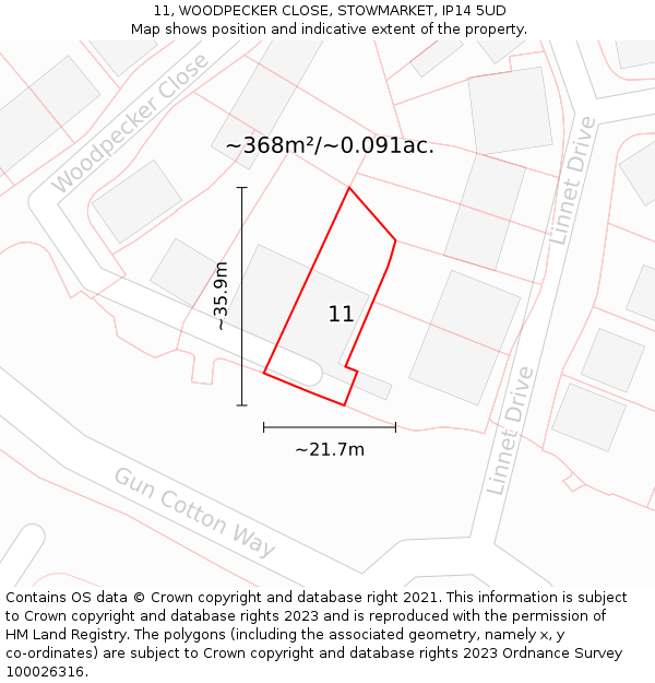 11, WOODPECKER CLOSE, STOWMARKET, IP14 5UD: Plot and title map