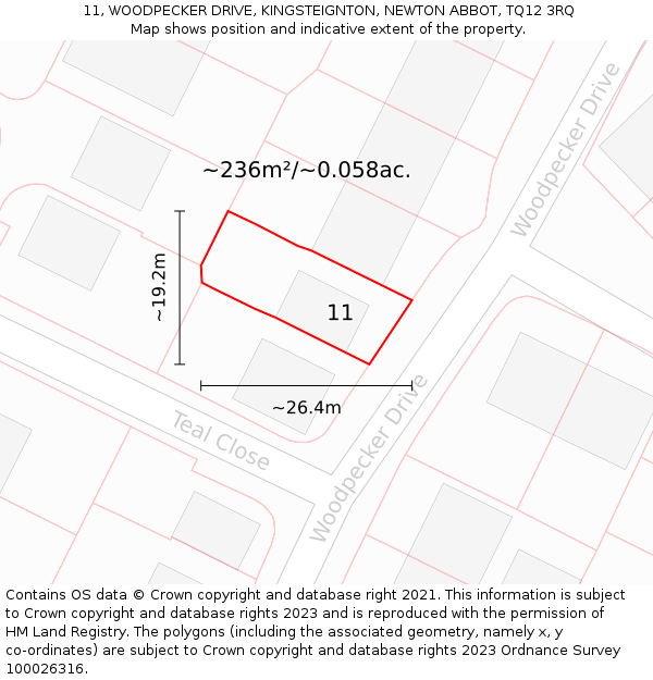 11, WOODPECKER DRIVE, KINGSTEIGNTON, NEWTON ABBOT, TQ12 3RQ: Plot and title map